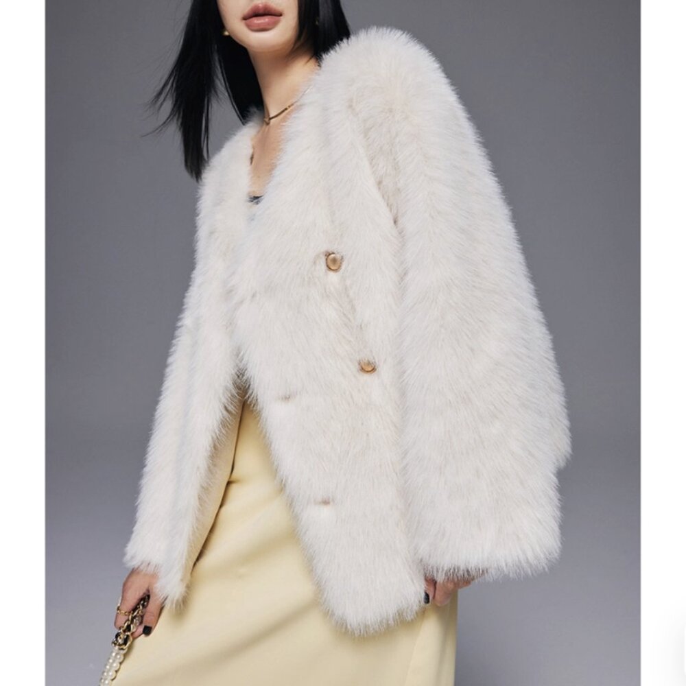 Cream Faux Fur Collarless Double Breasted